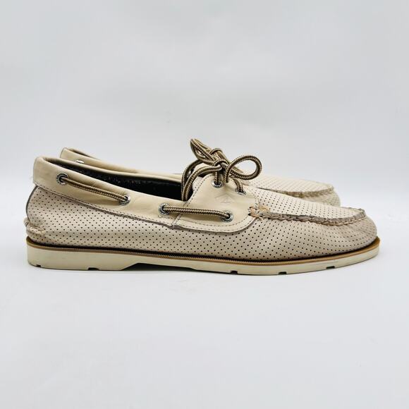 Sperry Shoes Mens 12 Off White Leather Perforated Moccasins Boat Deck Loafers - Picture 1 of 13